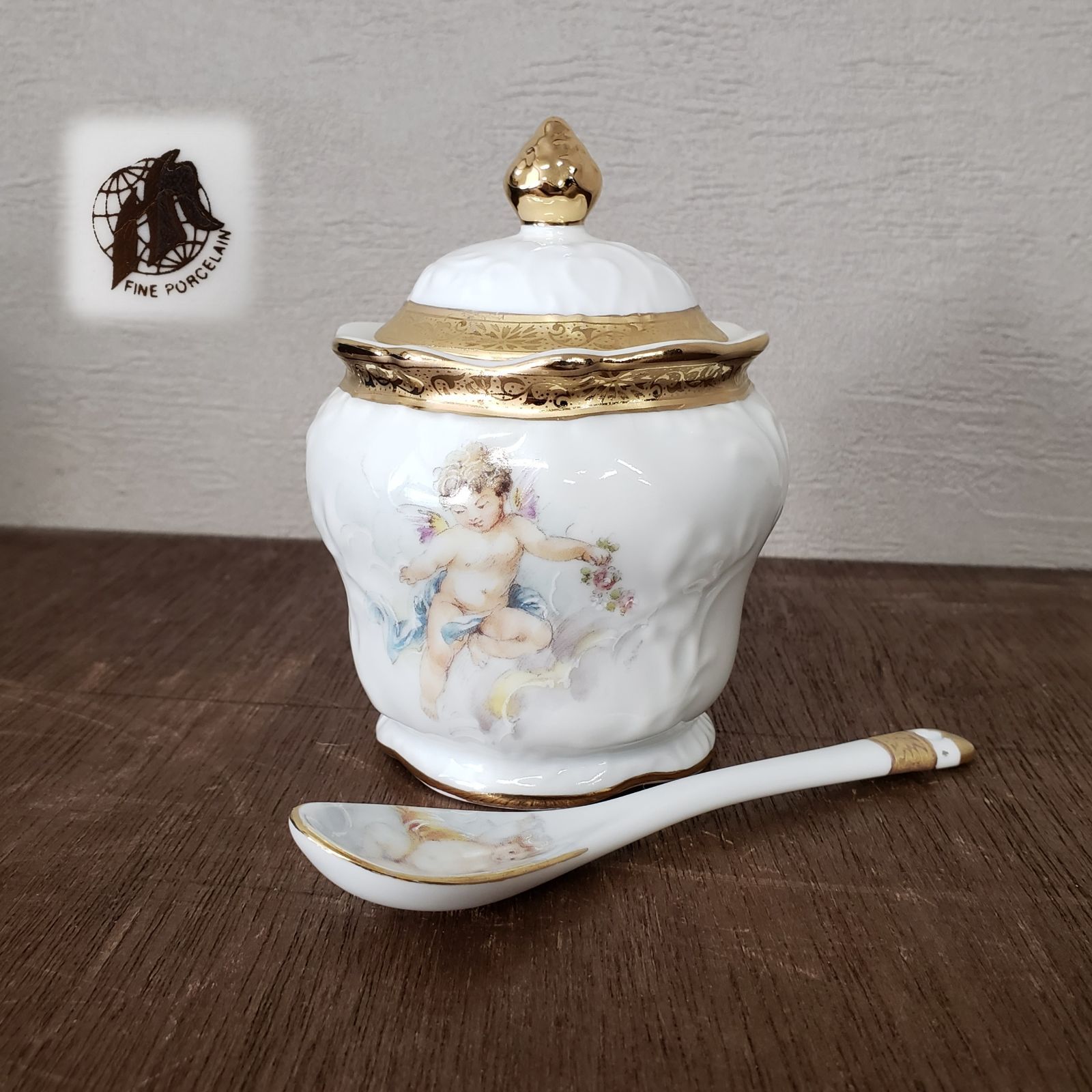 FINE PORCELAIN アンティークシュガーポット 天使 エンジェル 金彩 