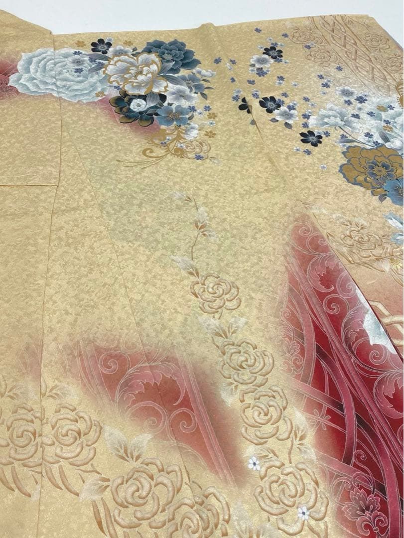振袖 仮絵羽 銀通し 刺繍 金彩 紋意匠 牡丹 薔薇 正絹 未仕立て品 八掛