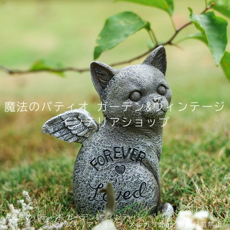 Ahaイギリス　ストーンオブジェ　子犬と子猫　ガーデン雑貨　置物　庭 ガーデンオブジェ ねこ いぬ 記念碑 墓石風 猫 犬 庭 樹脂 石風