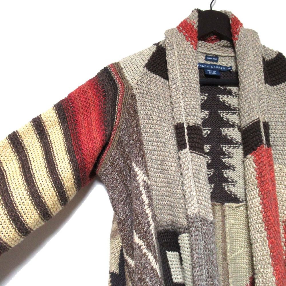 美品 RALPH LAUREN ラルフローレン ネイティブ柄 シルクリネン オープンフロント ハンドニット カーディガン SSRLLA2036 Lサイズ レディース 古着 中古 美品 RALPH LAUREN ラルフローレン ネイティブ柄 シルクリネン