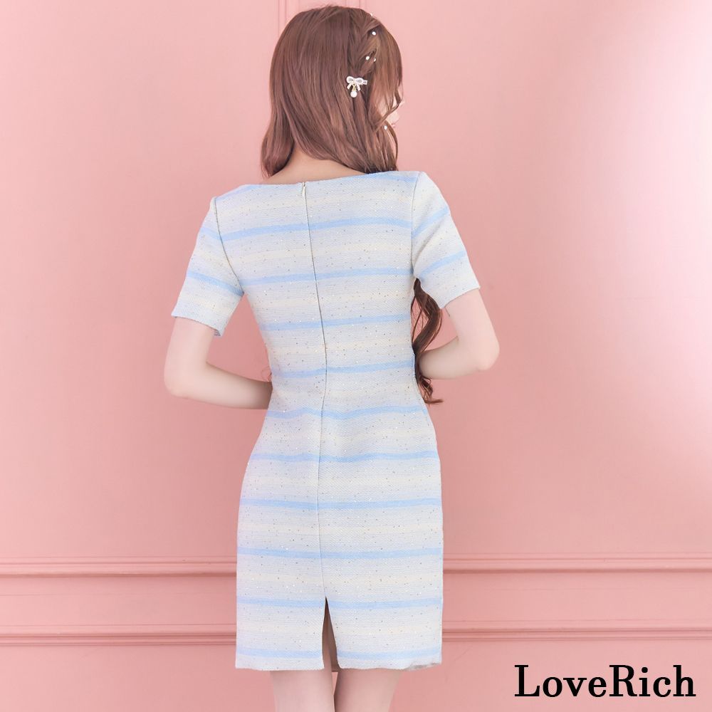 LoveRich ラブリッチ 【SMLサイズ/2カラー】ボーダー ツイード 半袖 スクエアネック ファスナー パールボタン タイト ミニドレス キャバドレス [1356] LoveRich ラブリッチ 【SMLサイズ/2カラー】ボーダー ツイード 半袖