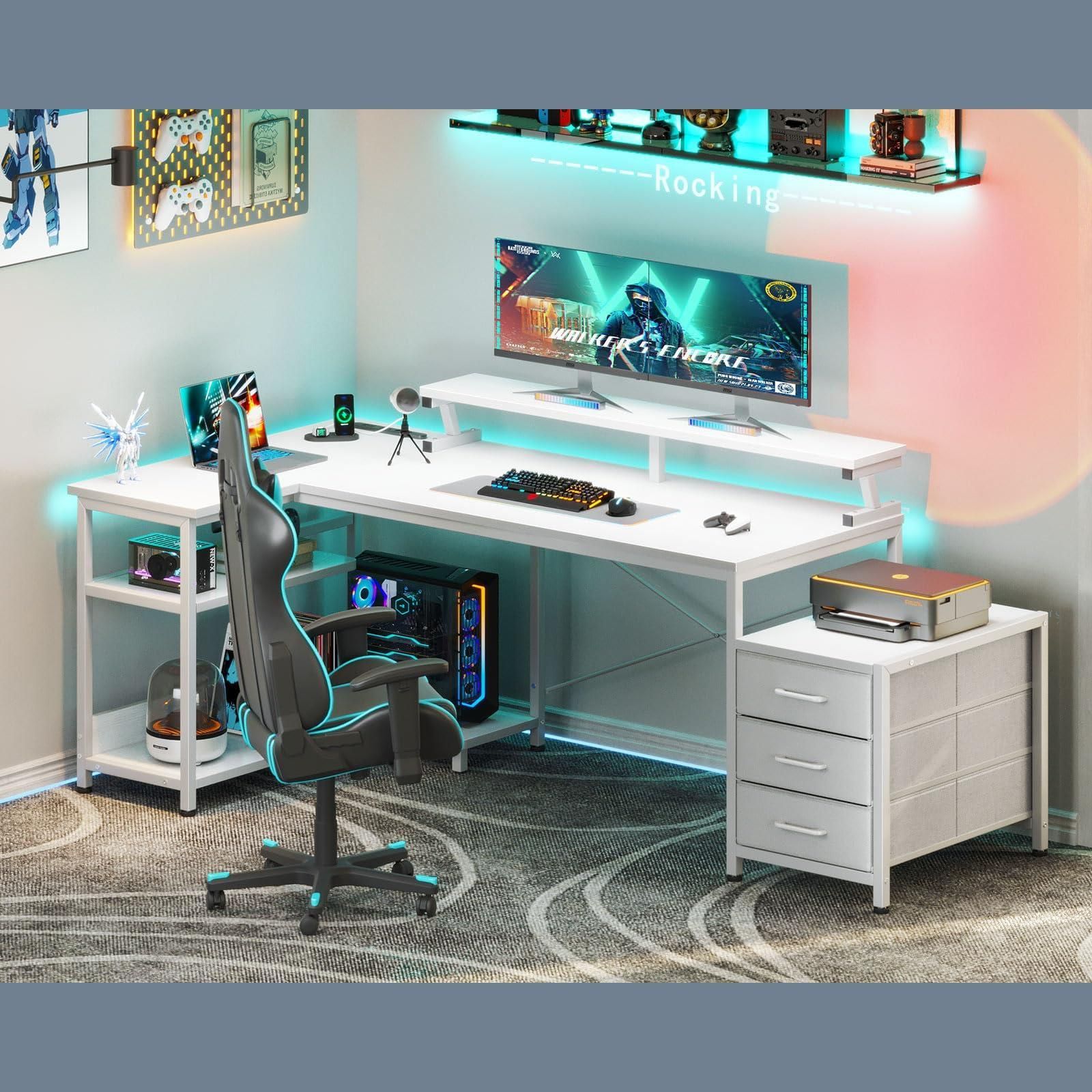 商品 オフィスデスク コーナーデスク 収納 エル字デスク 在宅勤務 棚付き pcデスク 幅184 146 80 仕事用 机 デスク l字デスク 組立簡単 コンセント付き ゲーミングデスク 引き出し3杯付き ホワイト パソコンデスク ODK MARWIL-DEMENAGEMENTS_CH