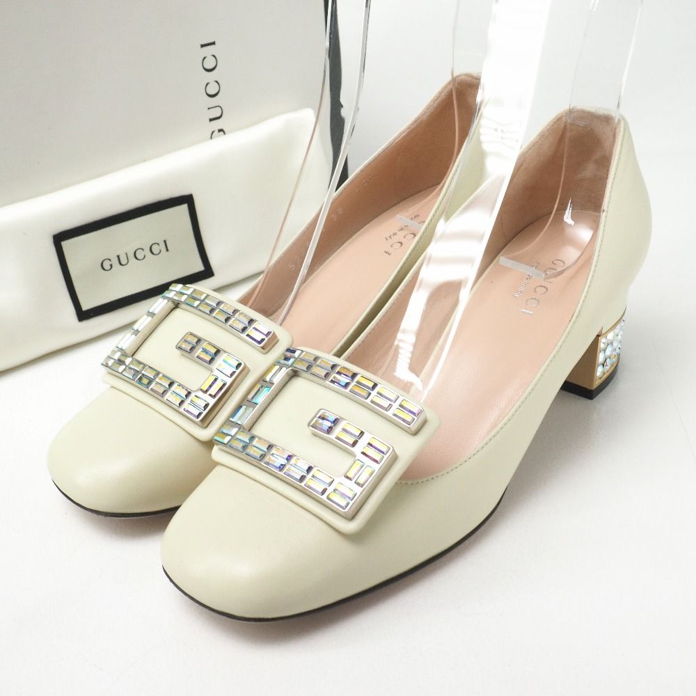 GUCCI グッチ パンプス サイズ36 レザー スクエアトゥ クリスタル Gロゴ 靴 イタリア製 ブランド古着 20251009|RA6181