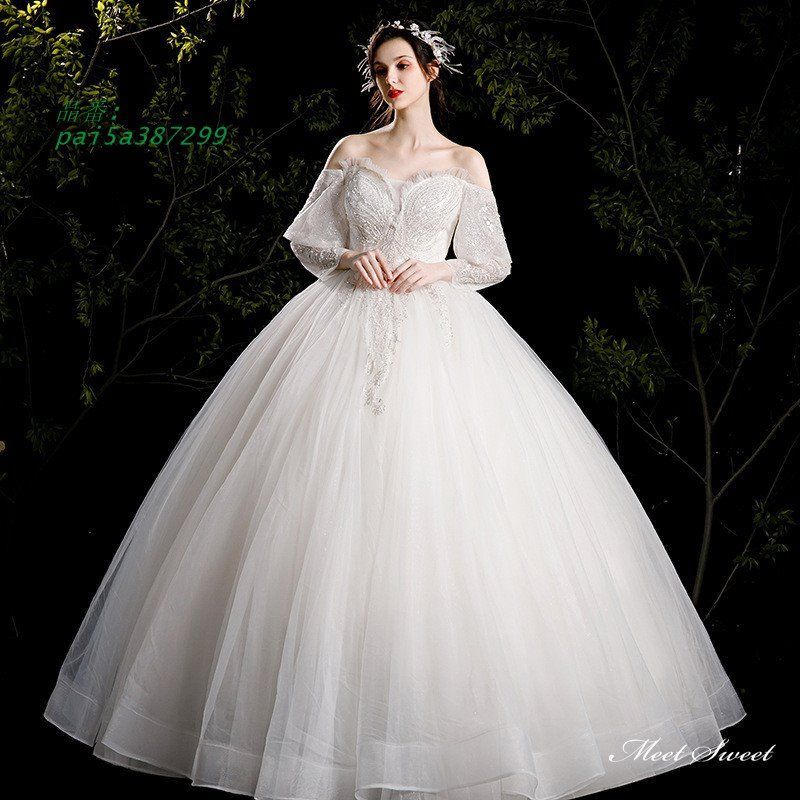 ウェディングドレス ロングドレス プリンセスラインドレス オフショルダー 半袖 二次会 ブライダル 結婚式 ウエディングドレス 花嫁 前撮り 挙式 pai5a387299