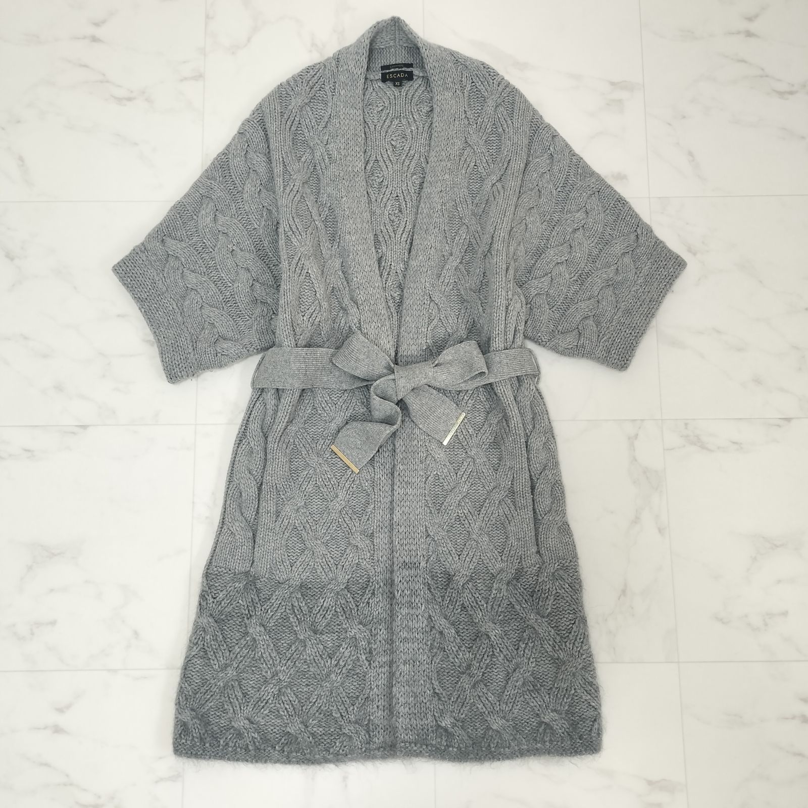 ESCADA エスカーダ カシミヤ混 ケーブル編み 厚手カーディガン ニットコート グレー XS