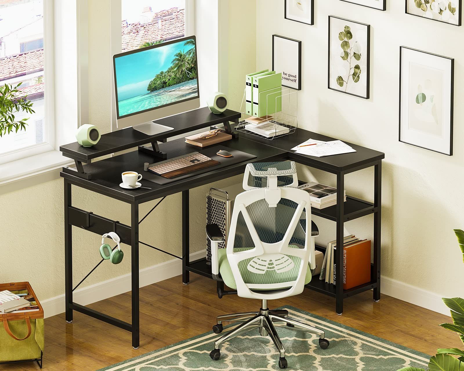 新着商品 desk ラック付き コンセント付き 収納 pcデスク オフィスデスク 幅120cm 机 省スペース デスク 在宅勤務 ゲーミングデスク 組立簡単 L字型 パソコンデスク 書斎 l字デスク ブラック ODK