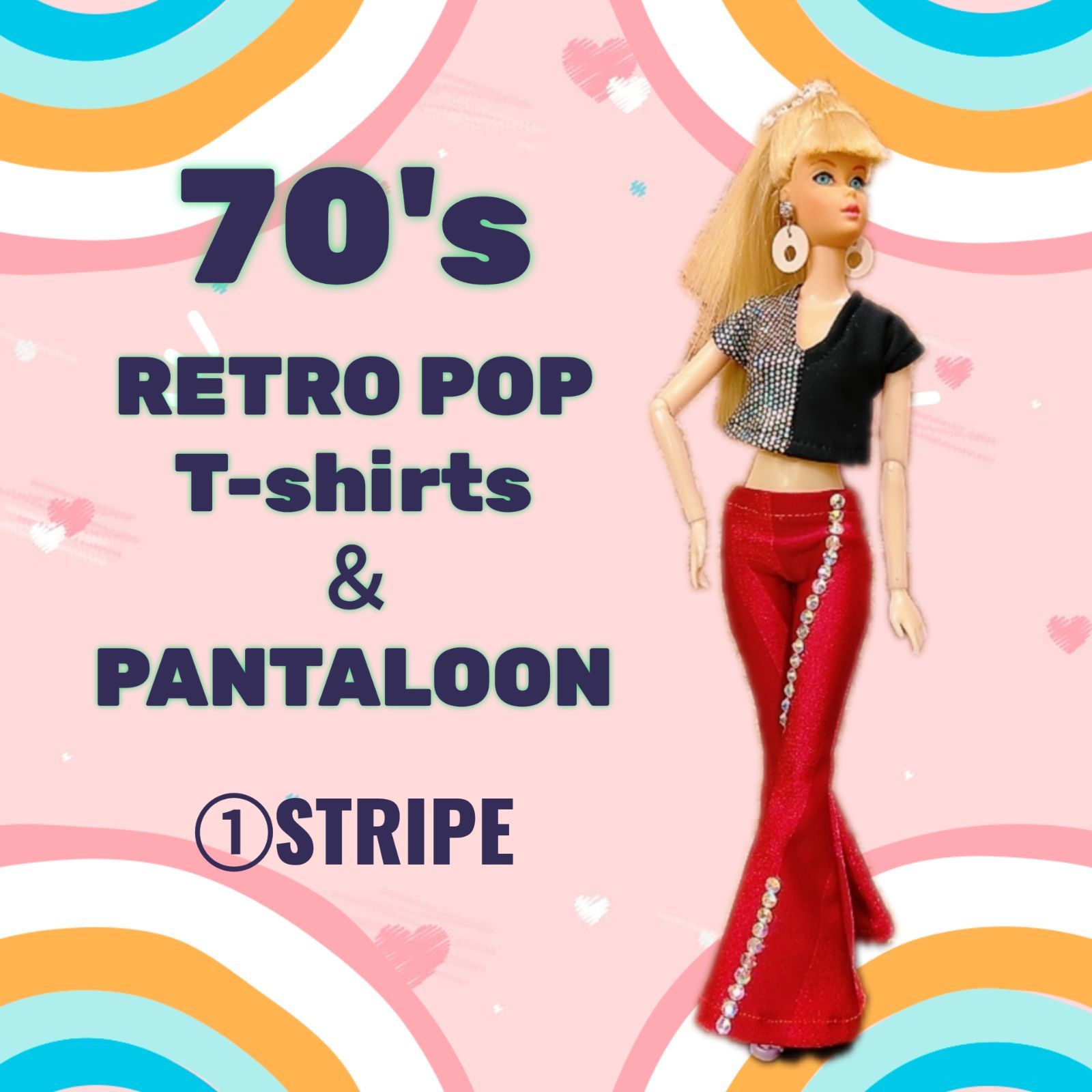 1/6ドール服✾60年代レトロポップワンピースモノトーン✾おまとめ専用ページ✾ 1/6ドール服✾70年代レトロポップ✾バイカラーTシャツ