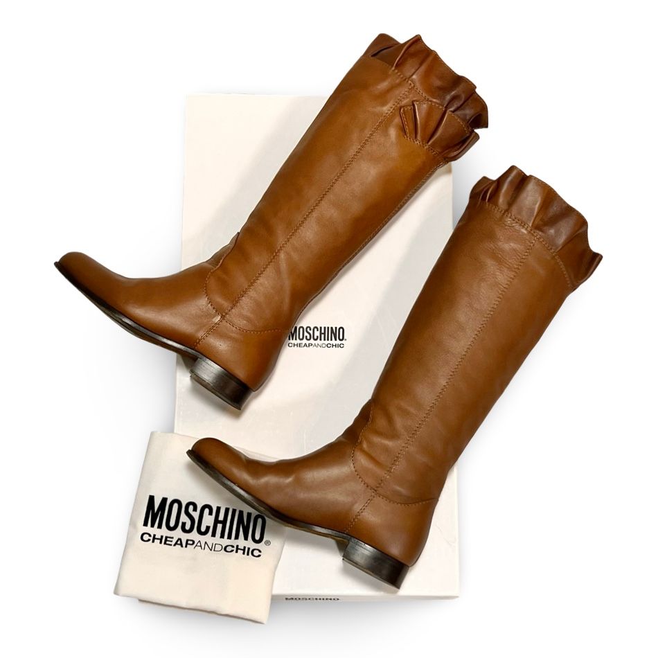 MOSCHINO CHEAP AND CHIC モスキーノ チークアンドシック フリル レザー ロングブーツ ブラウン size 36 イタリア製
