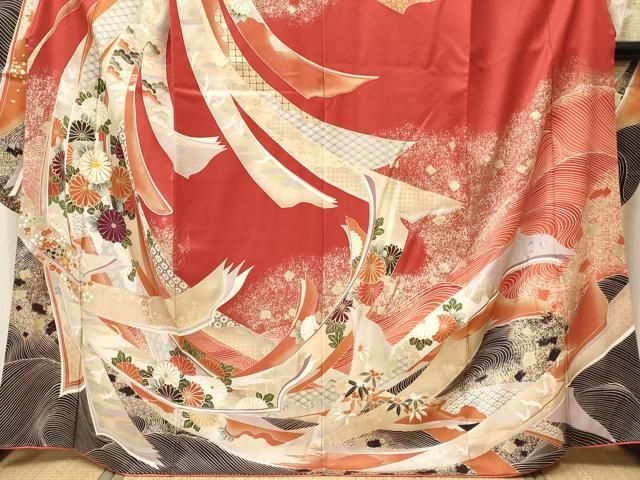 振袖 豪華 金箔 金駒刺繍 亀甲 七宝 鶴 正絹 広衿 袷 着物 AK-3025 振袖 豪華 金箔 金駒刺繍 亀甲 七宝 鶴 正絹 広衿 袷 着物 AK