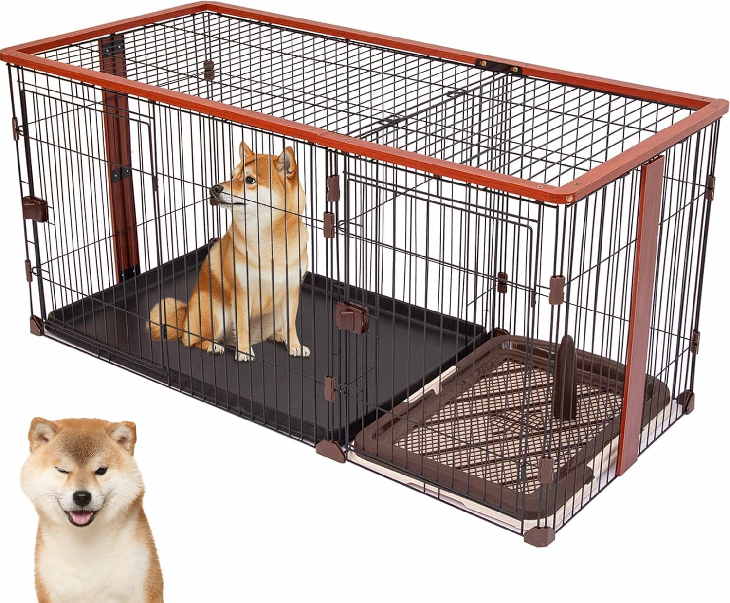 Shinyever 犬 サークル ウッディサークル 犬ケージドッグゲージ ペットケージ ペットサークル 中型犬用 幅145x奥行68x高さ70cm 掃除簡単 ブラウン-屋根付きあり