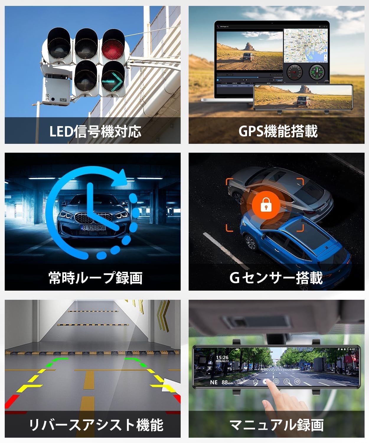 ドライブレコーダー ミラー型 4K 高画質 GPS機能搭載 64GBSDカード