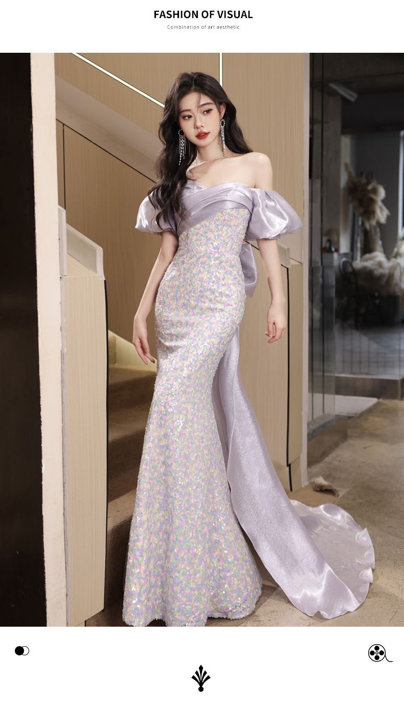 レディース パーティードレス 2025新款 一字肩デザイン 軽奢 小众 感 名媛風 年会 主持用 秋冬用 ロングドレス-10.17