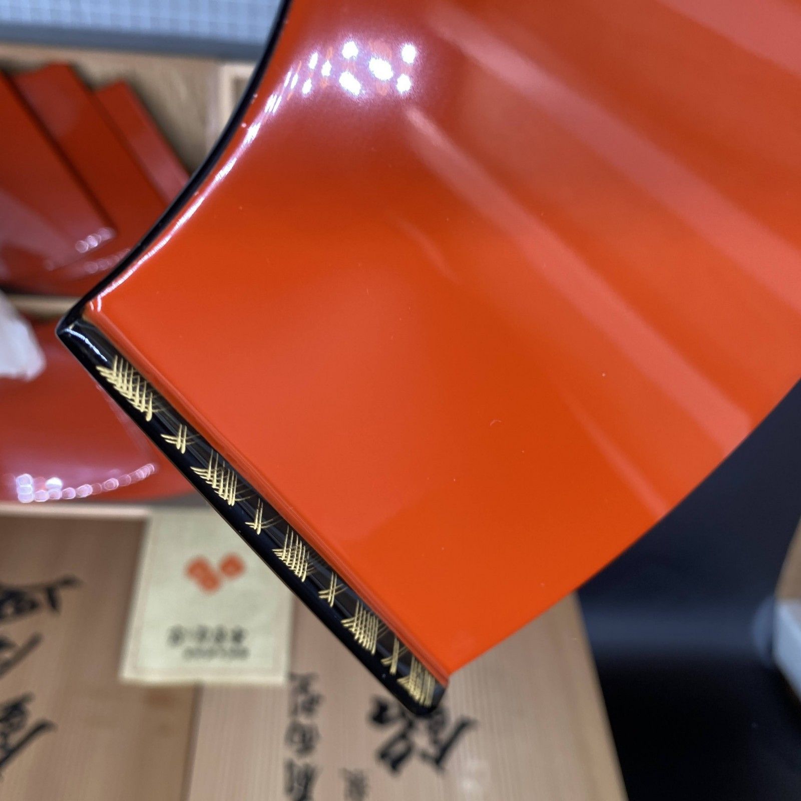 木曽漆器　扇面型銘々皿　5枚×2セット　漆塗　木製　小皿　平皿　朱塗　漆芸　未使用保管品　伝統工芸品 木曽漆器 扇面型銘々皿 5枚×2セット 漆塗 木製 小皿 平皿 朱塗 漆芸 未