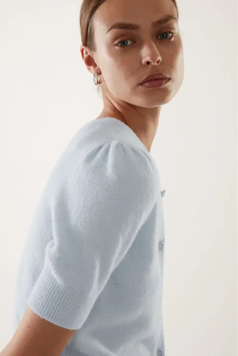  cos コス ヘビー ニット パフ スリーブ カーディガン ー 青 S 長袖 カーディガン ボレロ アンサンブル