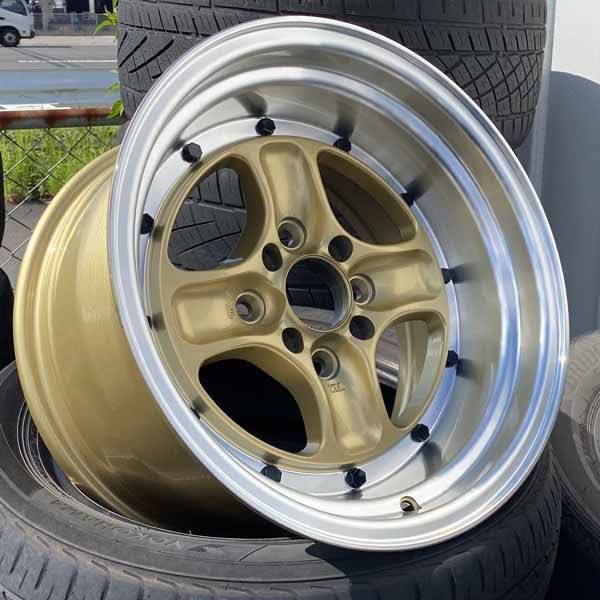 低価格！ 15インチ 数量 商品 ホイール4本セット 15×8J ±0 PCD 100 114.3 4穴 深リム 4本スポーク 旧車 スポーツカー ドリ車 ローダウン など カスタムサイズ ゴールド 金 ブラックビス