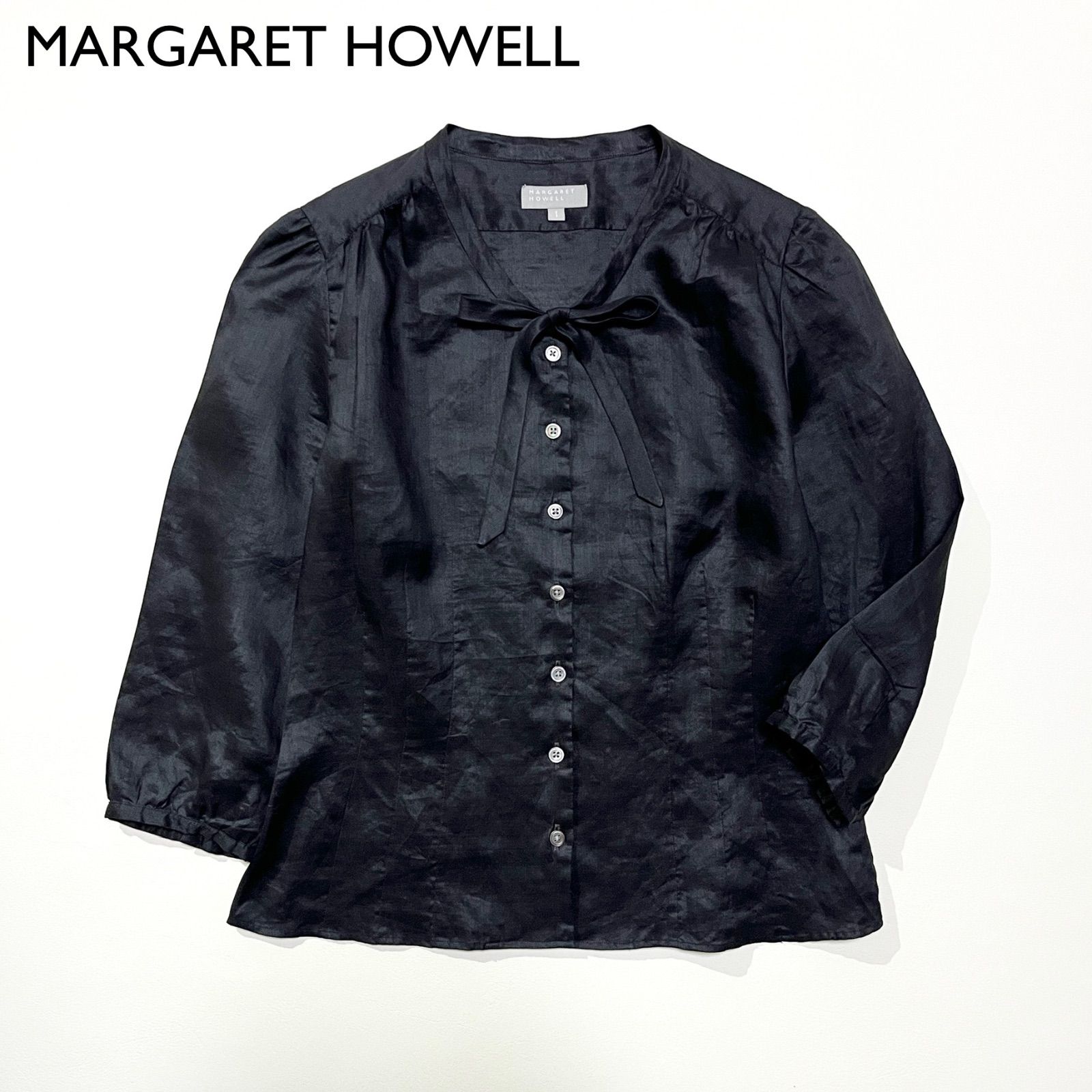 cE81 MARGARET HOWELL 麻100%ボウタイリネンシャツ リボン ブラウス 袖 