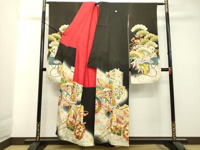 アンティーク振袖 平和屋着物○アンティーク 大正ロマン 振袖 両褄 駒刺繍 御所車
