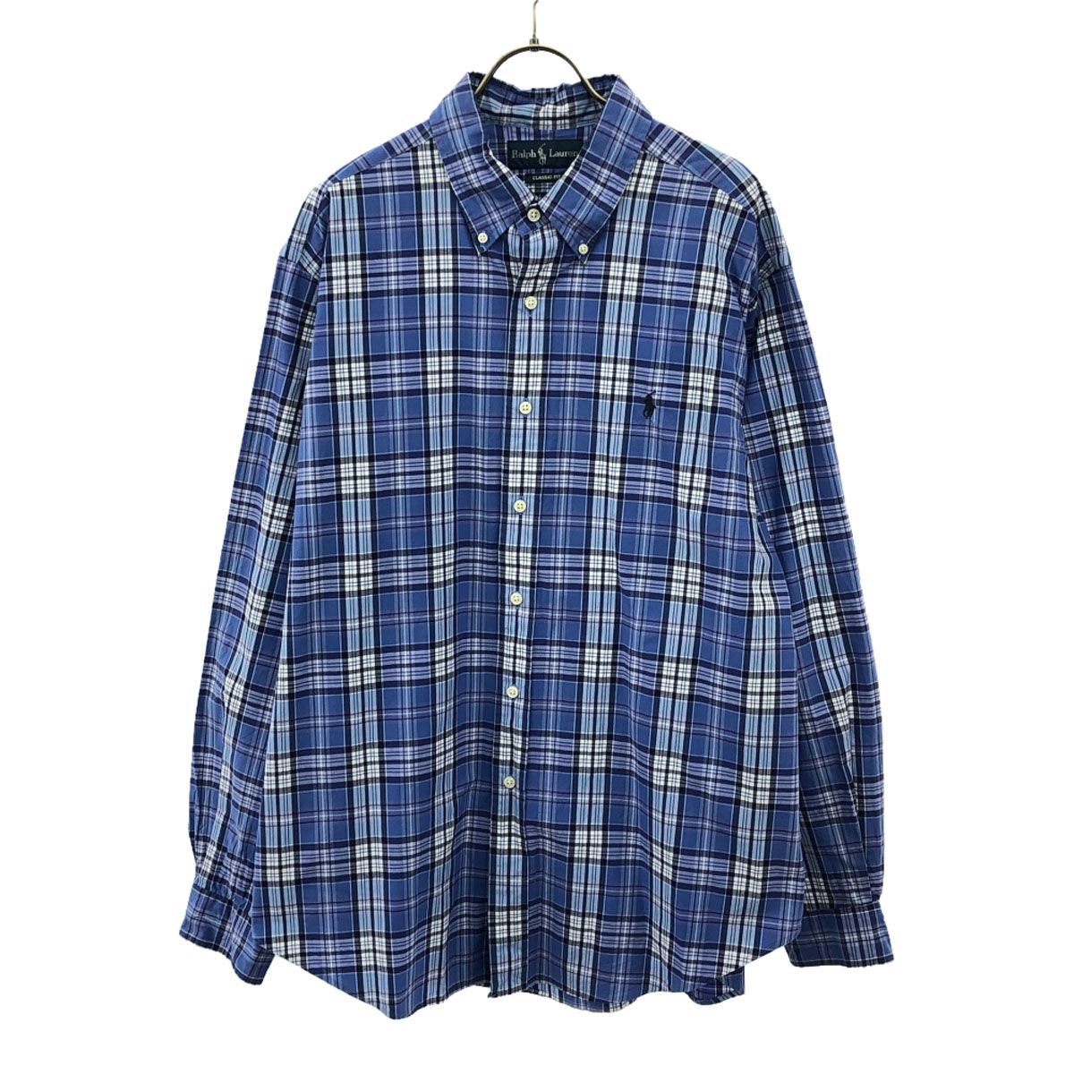 RALPH LAUREN ラルフローレン チェック柄 長袖 CLASSIC FIT ボタンダウンシャツ XL ブルー系 メンズ 古着
