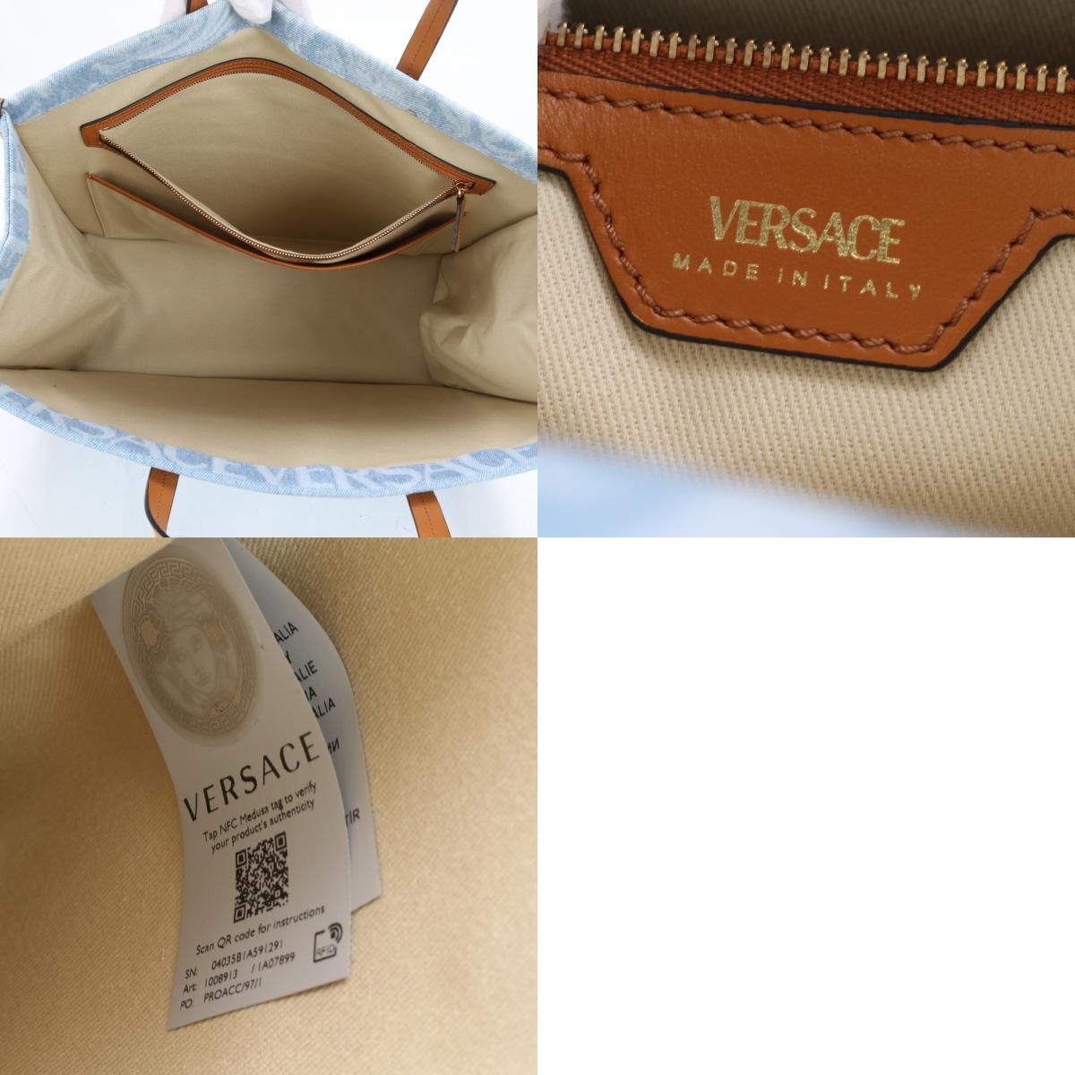 新品同様 ヴェルサーチ オールオーバー デニム レザー 2WAY トート