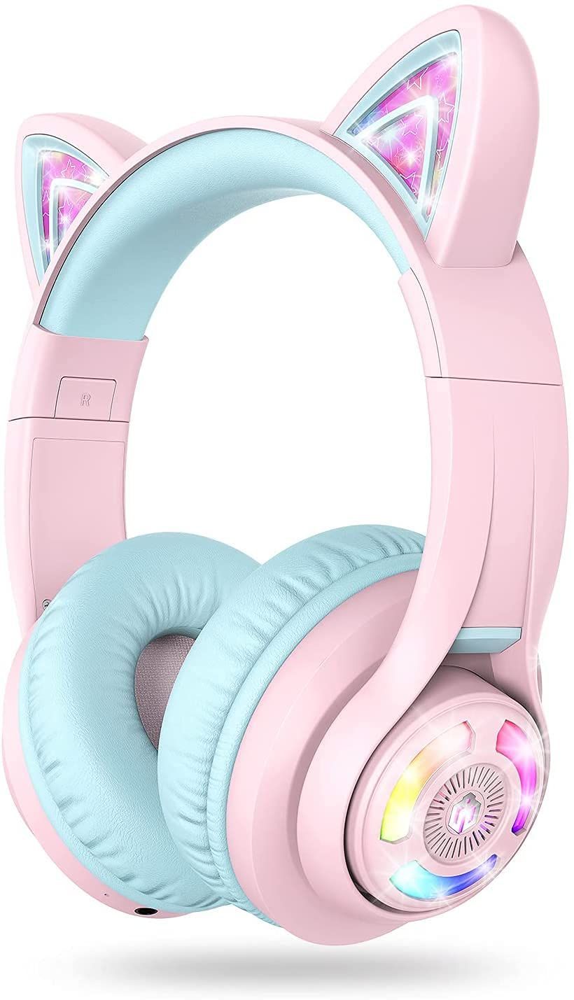 iClever 子供用ヘッドホン Bluetoothヘッドフォン 猫耳LEDライトアップワイヤレスキッズヘッドフォン 音量制限付き（74/85 dBA） 45Hプレイタイム マイク付き 学校/タブレット/PC用 BTH13 ピンク