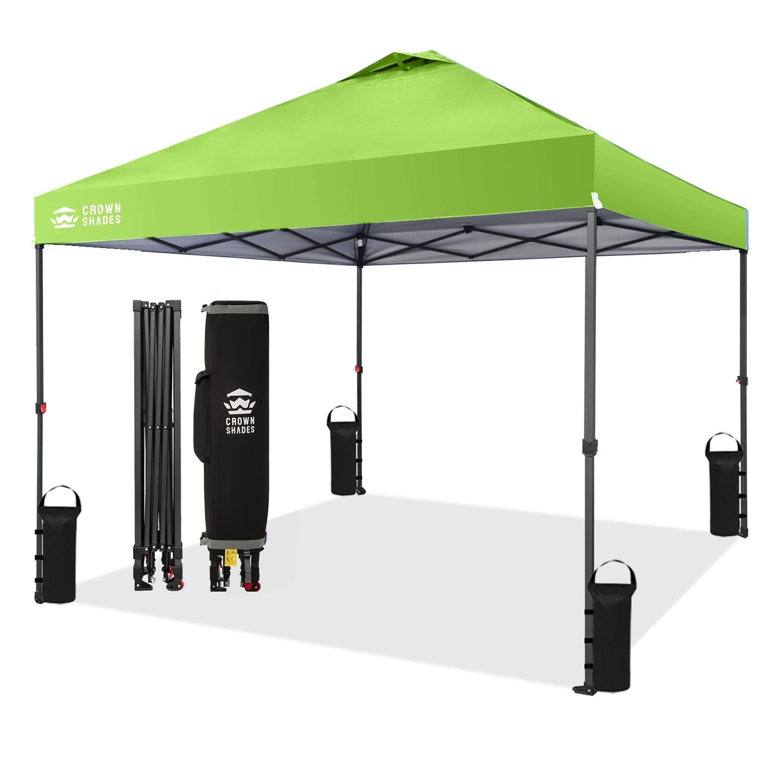 ワンタッチタープテント 3mx3m センタ-ロック特許タープテント 組み立て簡単 持ち運び便利 シルバーコーティング生地 SHADES の収納バッグ 杭8本 ロープ4本 ウェイトバッグ4個 耐久 公園 CROWN 庭園 BBQ グリーン