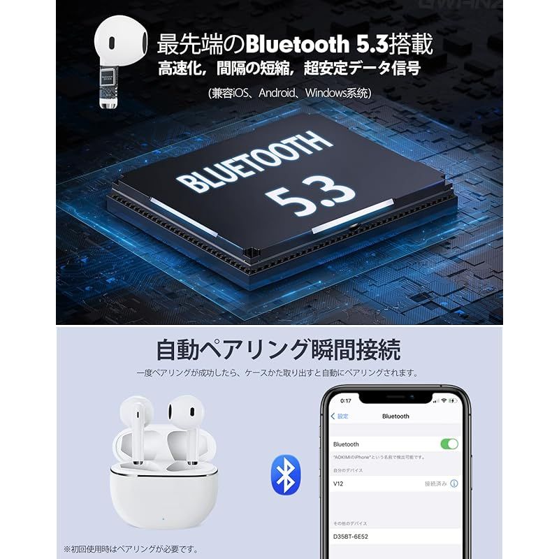 【2024新型 Bluetooth5.3イヤホン】AOKIMI ワイヤレスイヤホン bluetooth イヤホン V12 ブルートゥース イヤホン 小型/軽量 ぶるーとぅーすイヤホン Hi-Fi 最大36時間再生 CVC8.0/ENC/AAC ENC通話ノ 1