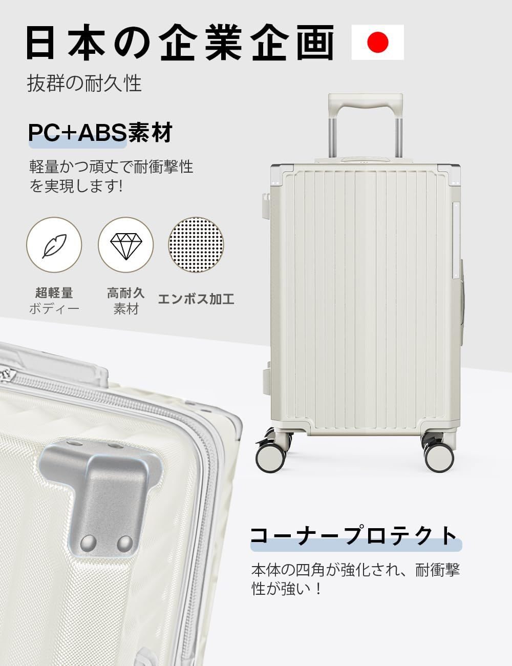 Soralifer スーツケース 機内持ち込み キャリーケース キャリーバッグ ストッパー付き静音キャスター USBポート付き ドリンクホルダー付き 物掛けフック 軽量 静音 ファスナータイプ 旅行 ビジネス 出張 ホワイト Sサイ