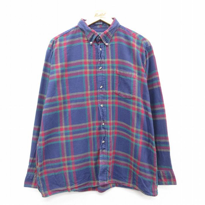 XL/古着 バンヒューセン 長袖 フランネル シャツ メンズ 90s コットン ボタンダウン 紺他 ネイビー チェック 25jan23 中古 トップス