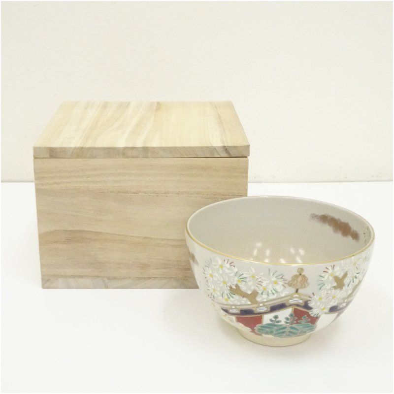 京焼 川添寿楽造 色絵花茶碗（保護箱） 茶道 抹茶 おしゃれ 抹茶茶碗