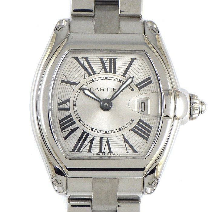 カルティエ Cartier 腕時計 ロードスター SM W62016V3 デイト 夜光針 トノー シルバー サンレイ ギョーシェ文字盤 SS クオーツアナログ