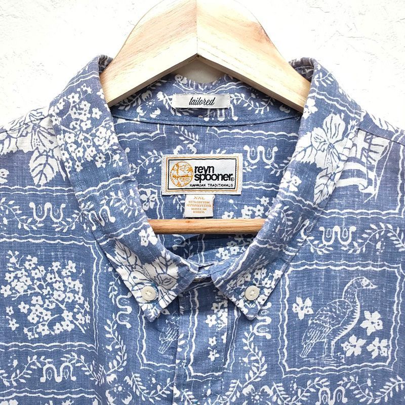 専用90sREYNSPOONER リバースプリントアロハシャツ サイズＬハワイ製 レインスプーナー アロハシャツ ブルー L リバースプリント 90s