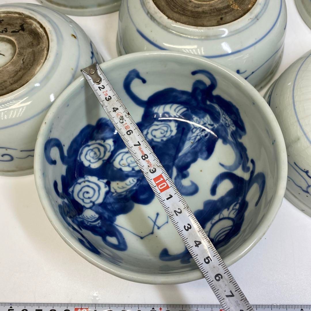 江戸後期　古伊万里　龍図鉢7客　蓋無木箱付　直径約16㎝　東Y6-0705① 江戸後期 古伊万里 龍図鉢7客 蓋無木箱付 直径約16㎝ 東Y6