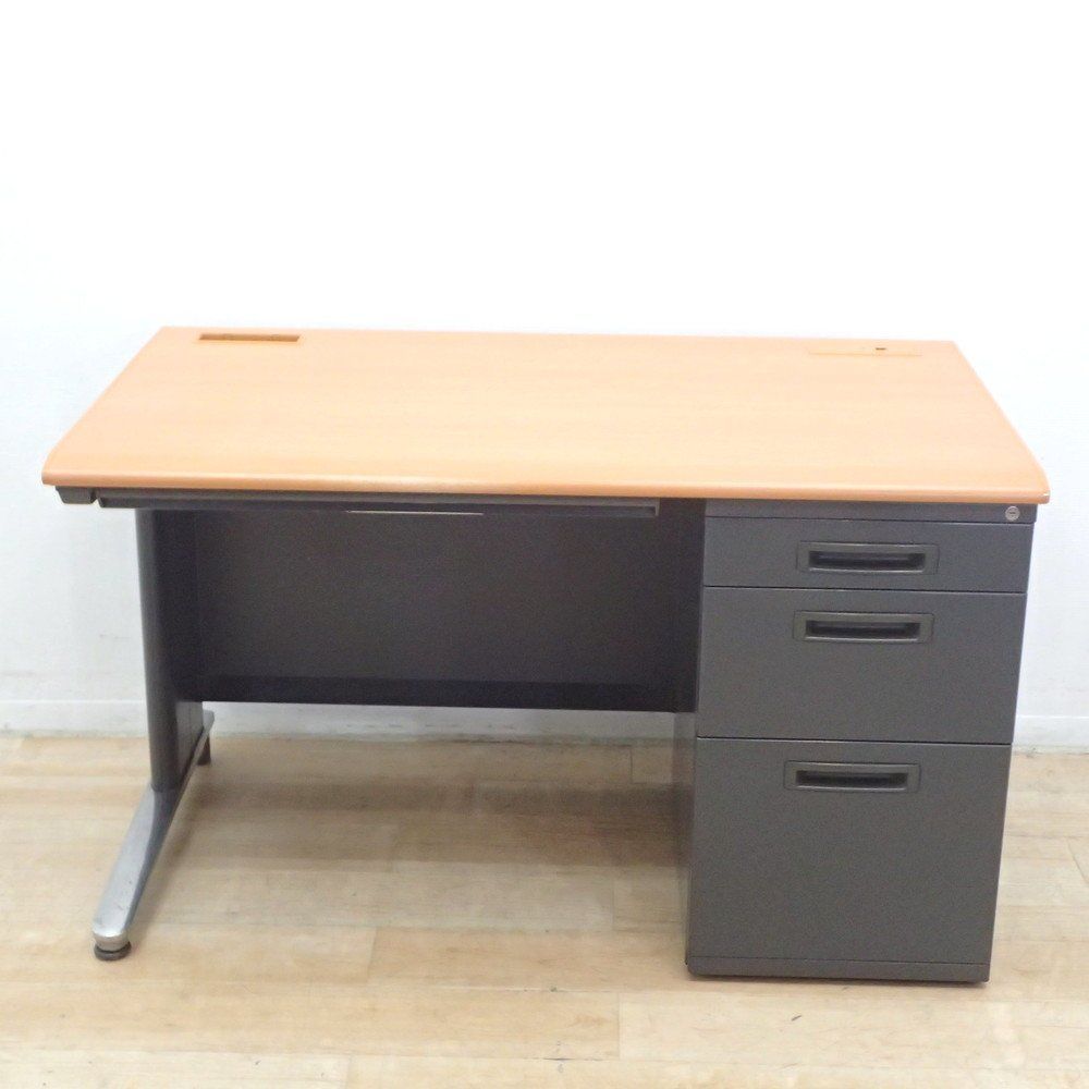 片袖デスク 鍵有り W1200 D700 ブラウン グレー 木目 オフィスデスク インダストリアル調 袖机 配線口 L字脚 EG17889-1 オフィス家具