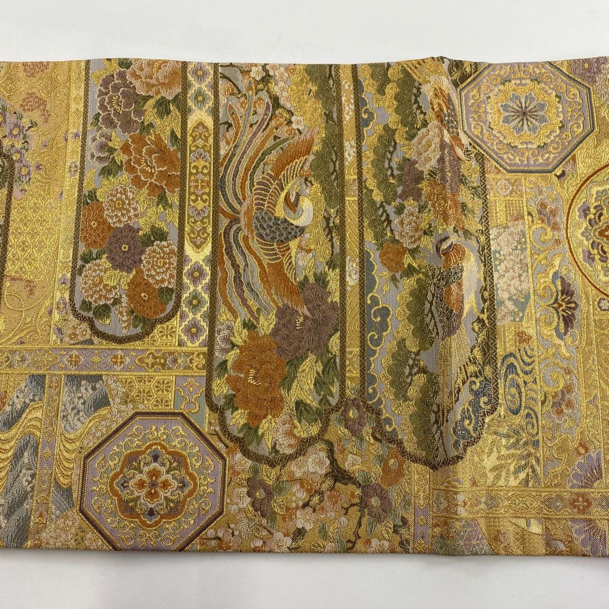 袋帯 美品 秀品 華文 鳳凰 金糸 箔 金色 六通 正絹 【中古 袋帯 美品 秀品 華文 鳳凰 金糸 箔 金色 六通 正絹 【中古
