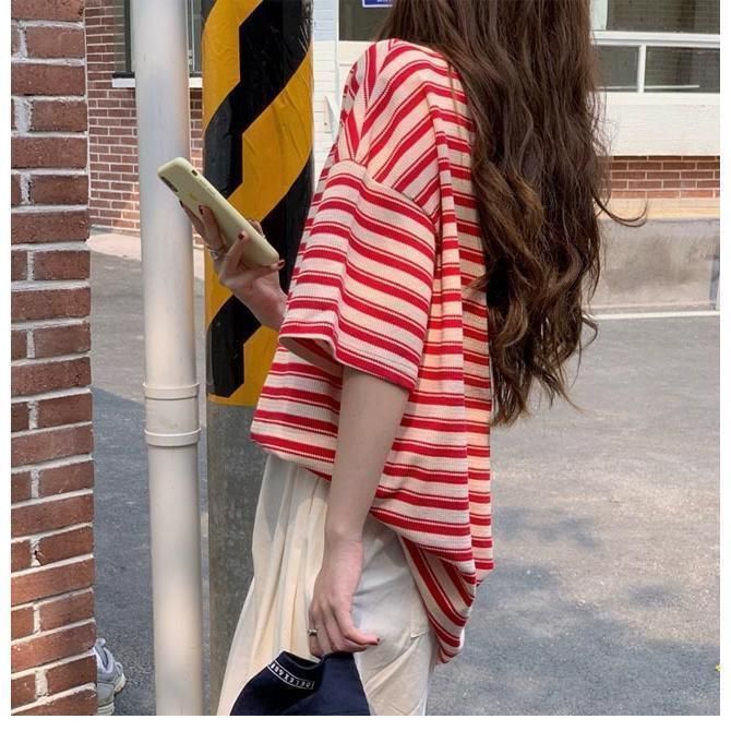 Tシャツ ゆったり レディース カットソー ボーダー柄 半袖Tシャツ クルーネック 夏 5分丈袖Tシャツ サマーTシャツ レトロ 丸首 トップス kaiseisanngyou_ks-ca-all306