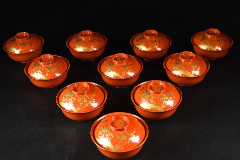 蔵A3616a 木製朱塗 蒔絵花文 吸物椀 汁椀 十客