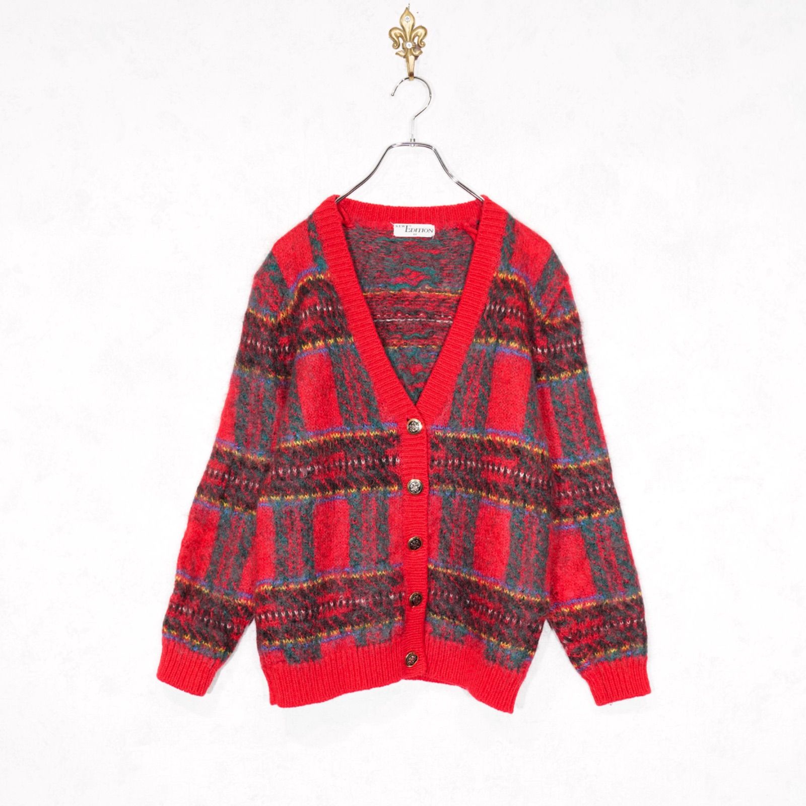 CARDIGAN アメリカ古着チェック柄デザインモヘアニットカーディガン