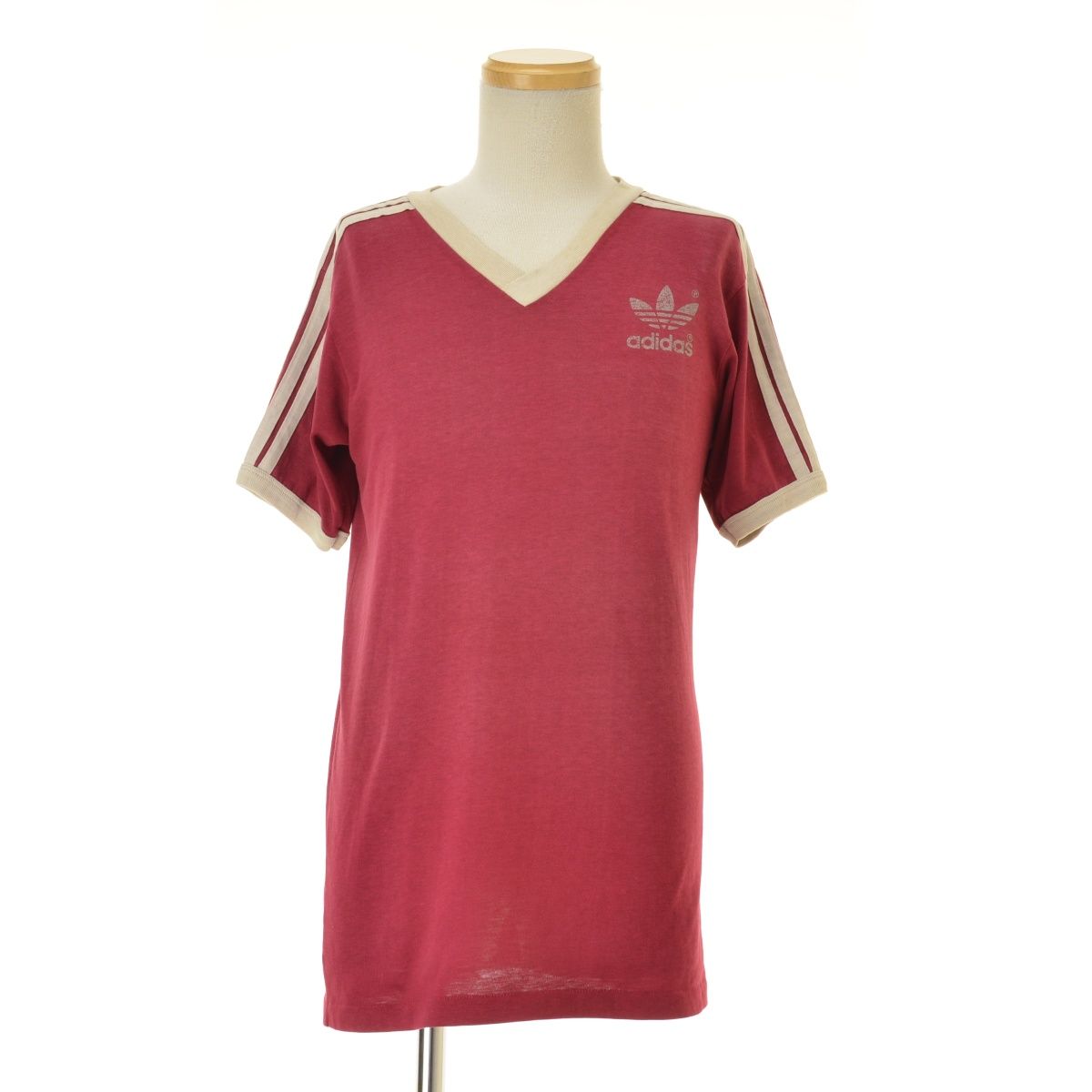 ADIDAS】～80s USA製 トレフォイルプリント Vネック半袖Tシャツ