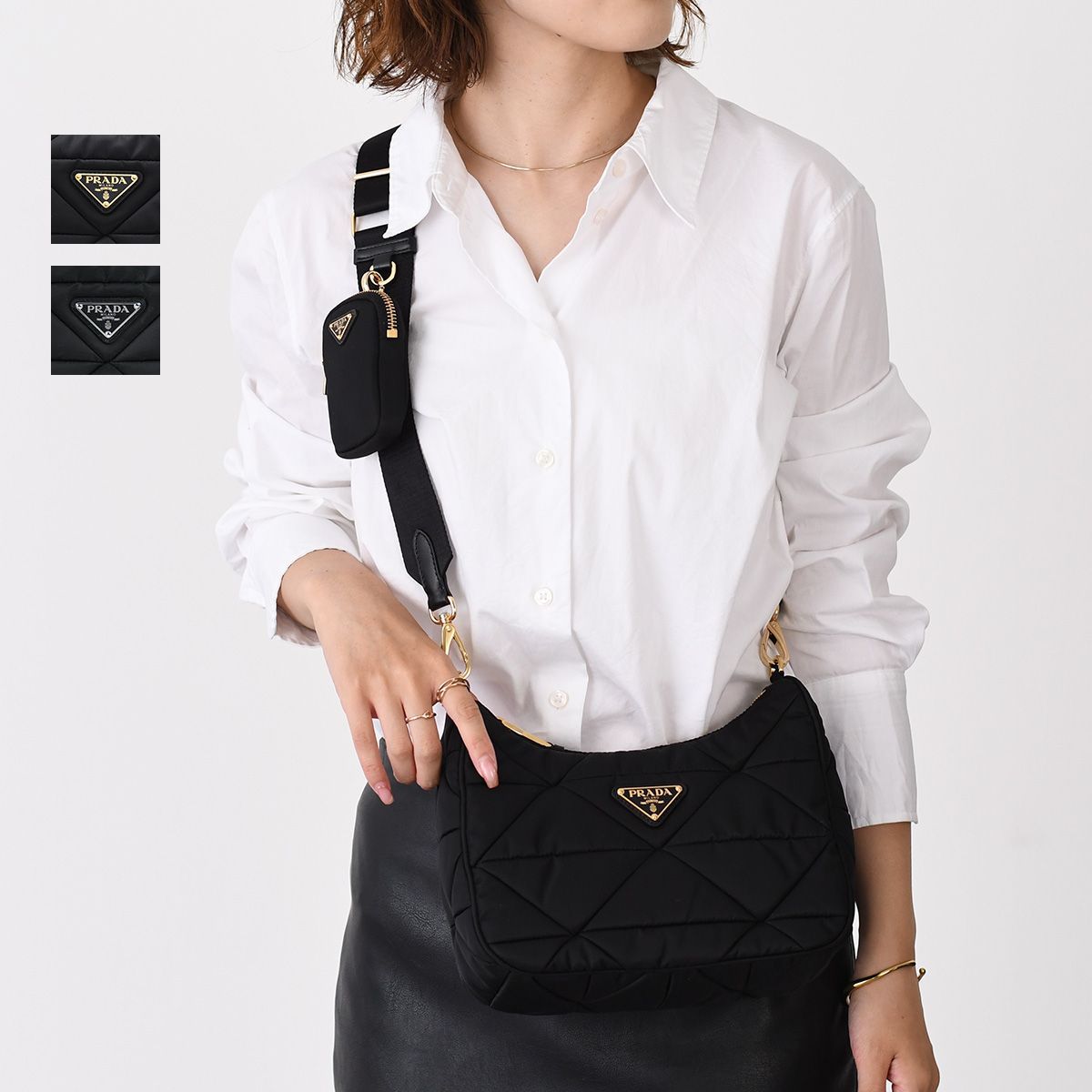 PRADA ブラック ショルダーバッグ ストラップ付き 注目 PRADA◇ブリック ブラッシュドレザー バッグ ストラップ付