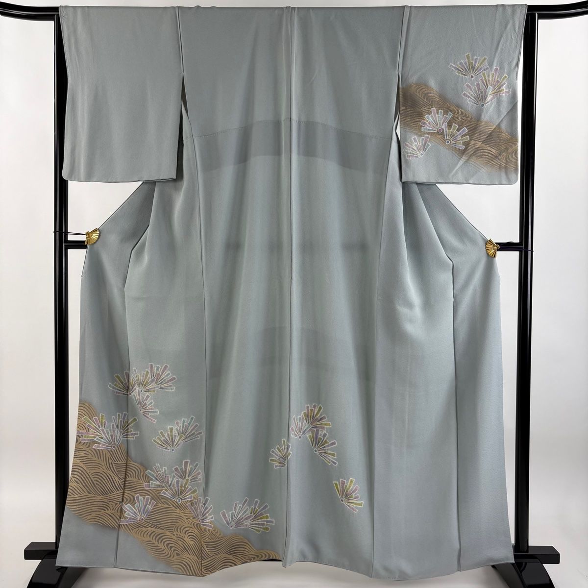 付下げ 身丈160.5cm 裄丈64.5cm M 袷 松 波 金彩 絞り 青灰色