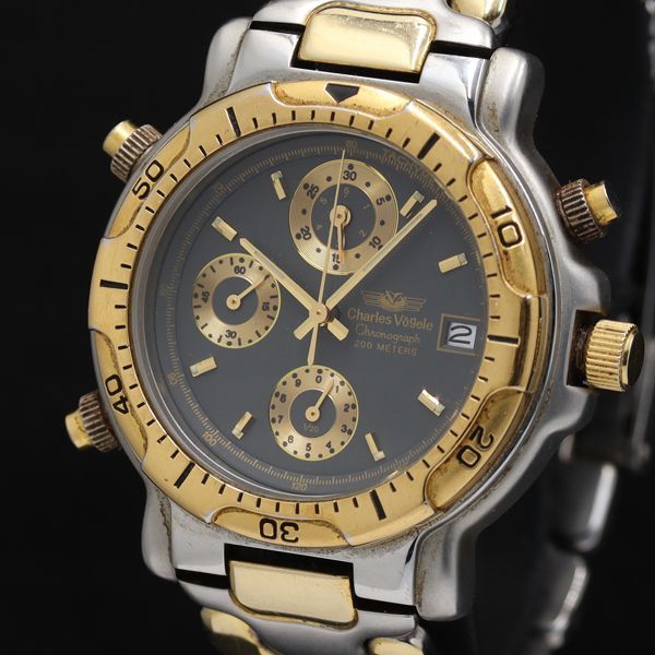 稼働 シャルルホーゲル CV-7446 クロノグラフ デイト QZ グレー文字盤