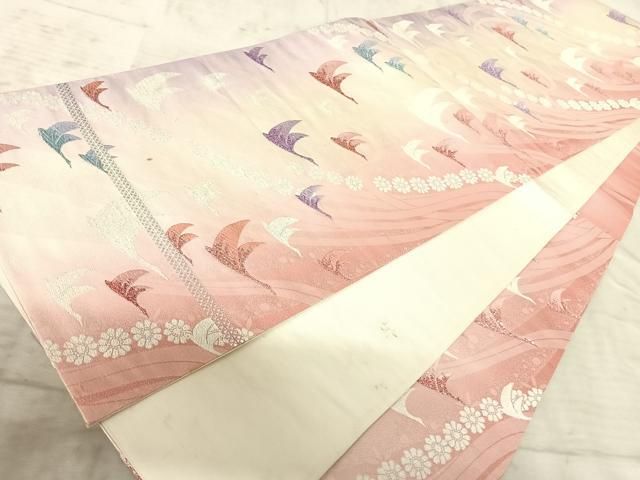 平和屋着物◎六通柄袋帯 飛鶴花文 銀糸 正絹 逸品 AAAZ8208yx