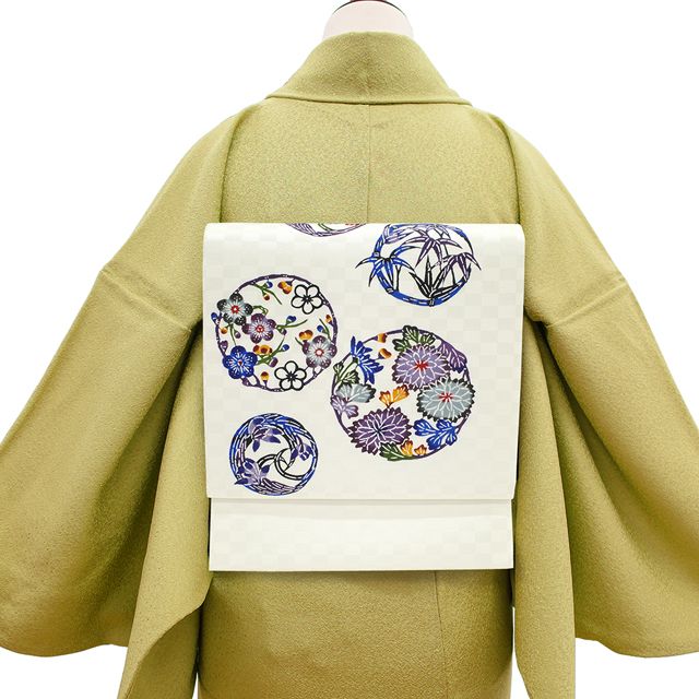 名古屋帯 九寸 高級 手刺繍 金糸 ブラウン 花丸文 菖蒲 新古品 kp1340 新品】 名古屋帯 九寸 沖縄県 本場琉球 紅型 琉球紅型研究所 藍