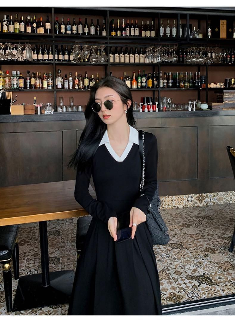 春セクシーコントラストニットドレスロング丈ワンピース