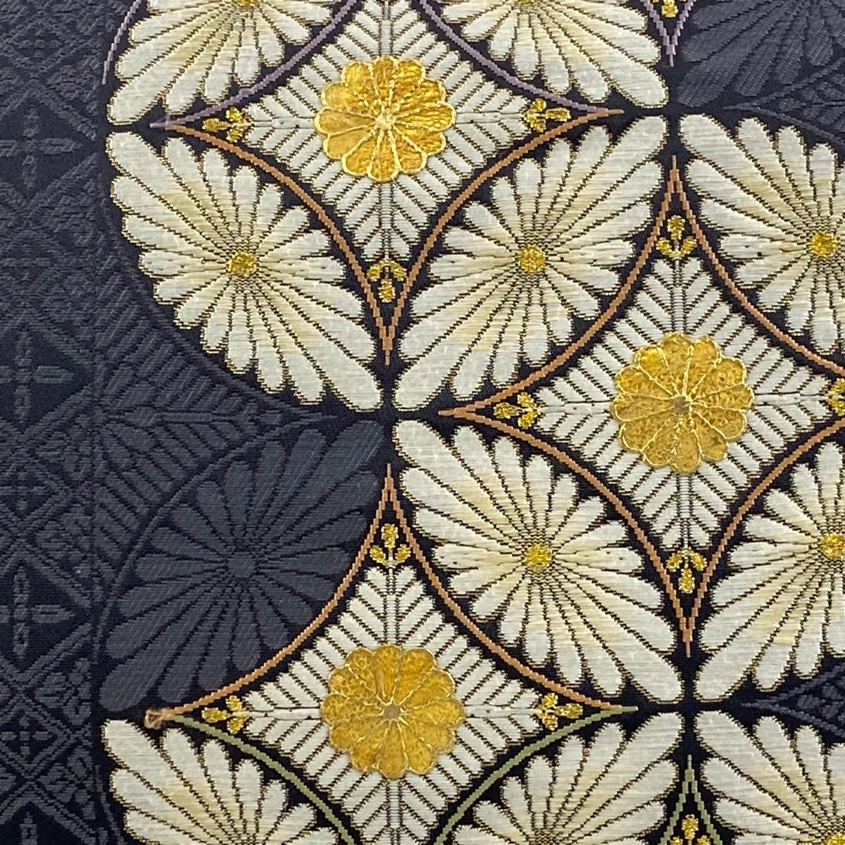 袋帯 名品 じゅらく 落款 七宝華文 菱 金糸 金彩 灰紫 お太鼓柄 正絹