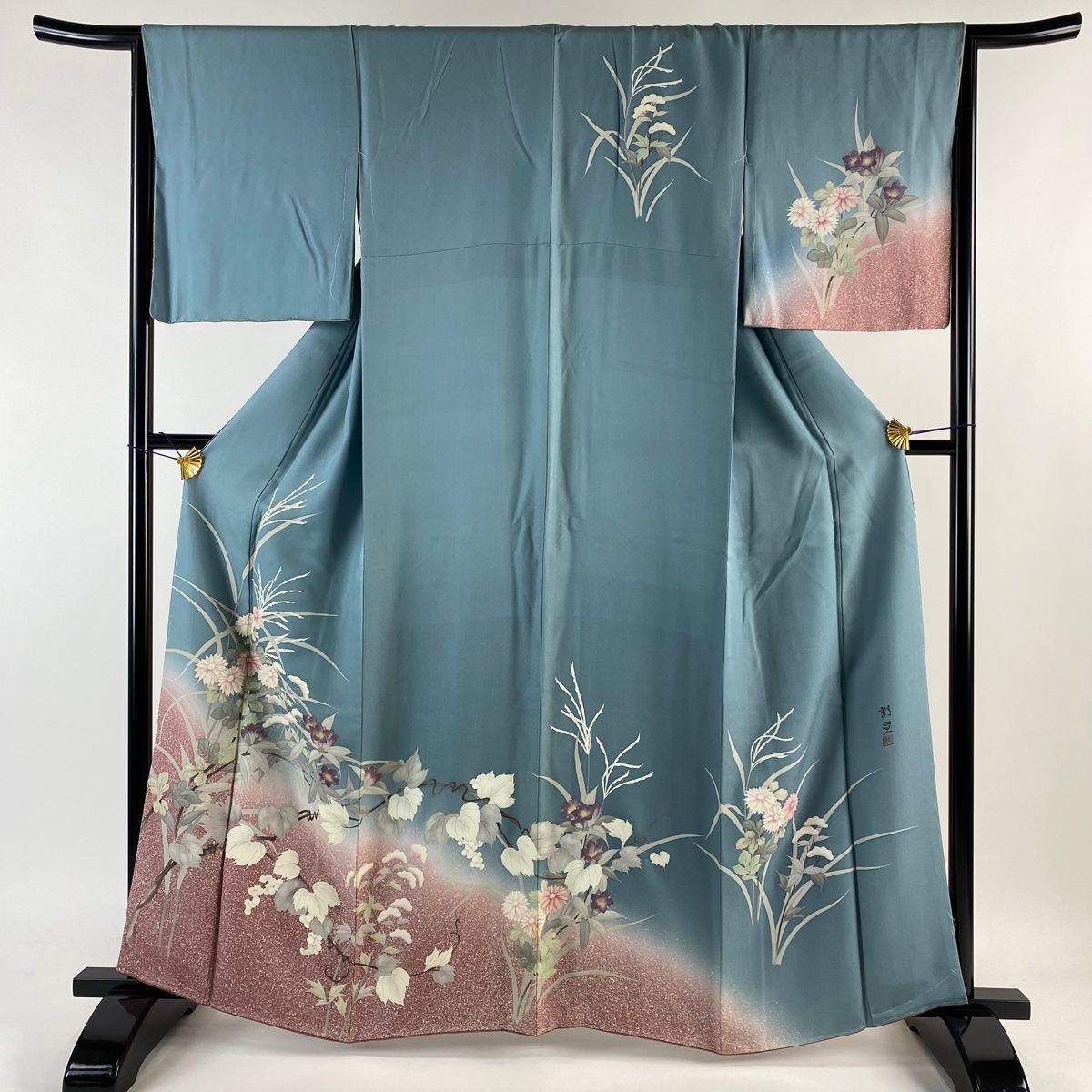 紬 身丈167cm 裄丈69cm L 袷 草花 墨色 正絹 美品 名品 【中古  