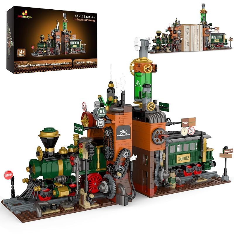 在庫限り JMBricklayer 列車駅ビルディングブロックセット 50002 2 in 1 蒸気機関車 - ブックエンド 模型 組み立て玩具 スチームパンク ブックエンド モデル キット 中世ヴィンテージ ホーム デコレーション ギフト 大人 男の子 女
