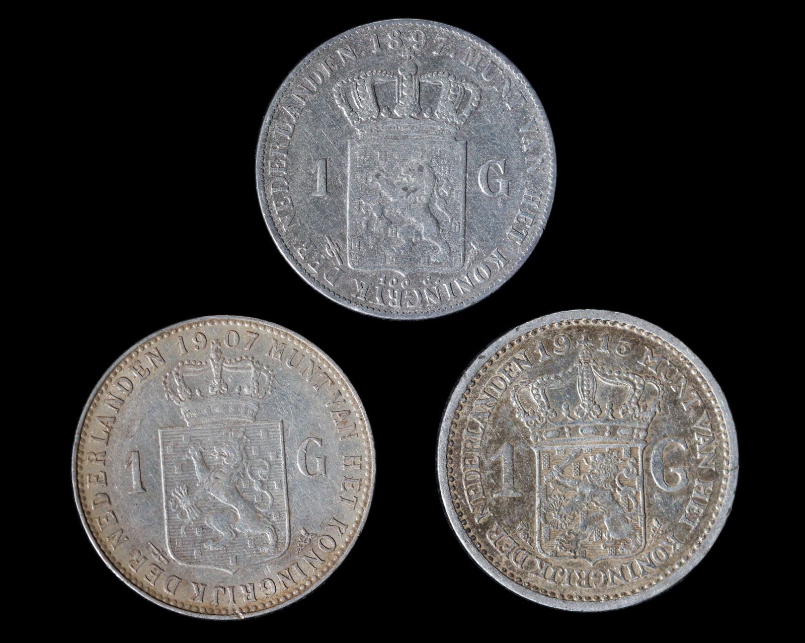 NETHERLANDS オランダ連合王国 ウィルヘルミナ女王 1892~1917 1Gulden 3種組 1グルデン 銀貨