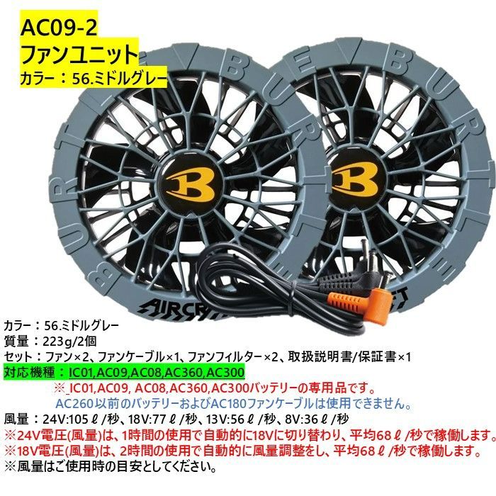 バートルエアクラフトファンユニットAC09-2-56 ミドルグレー