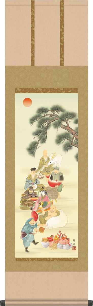 ◆28 七福神 掛軸 掛軸 (掛け軸) 七福神 渋谷竹現 尺五立 約横54.5cm×縦190cm